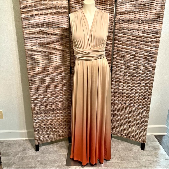 Boutique A-Line Crisscross Back Ombre Engagement Prom Dress Beige Orange - Picture 1 of 9